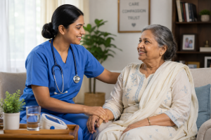 Professional nurse providing elderly care at home in Dhaka