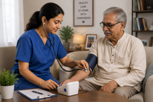 Home nurse checking patient blood pressure and vital signs